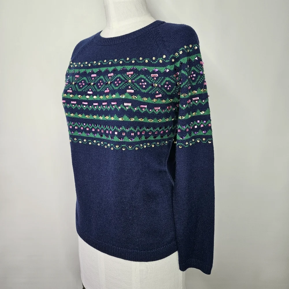 Talbots Size LP Sweater Fair Isle Gemstone Sparkle Navy Pastel Heavy Tight Knit